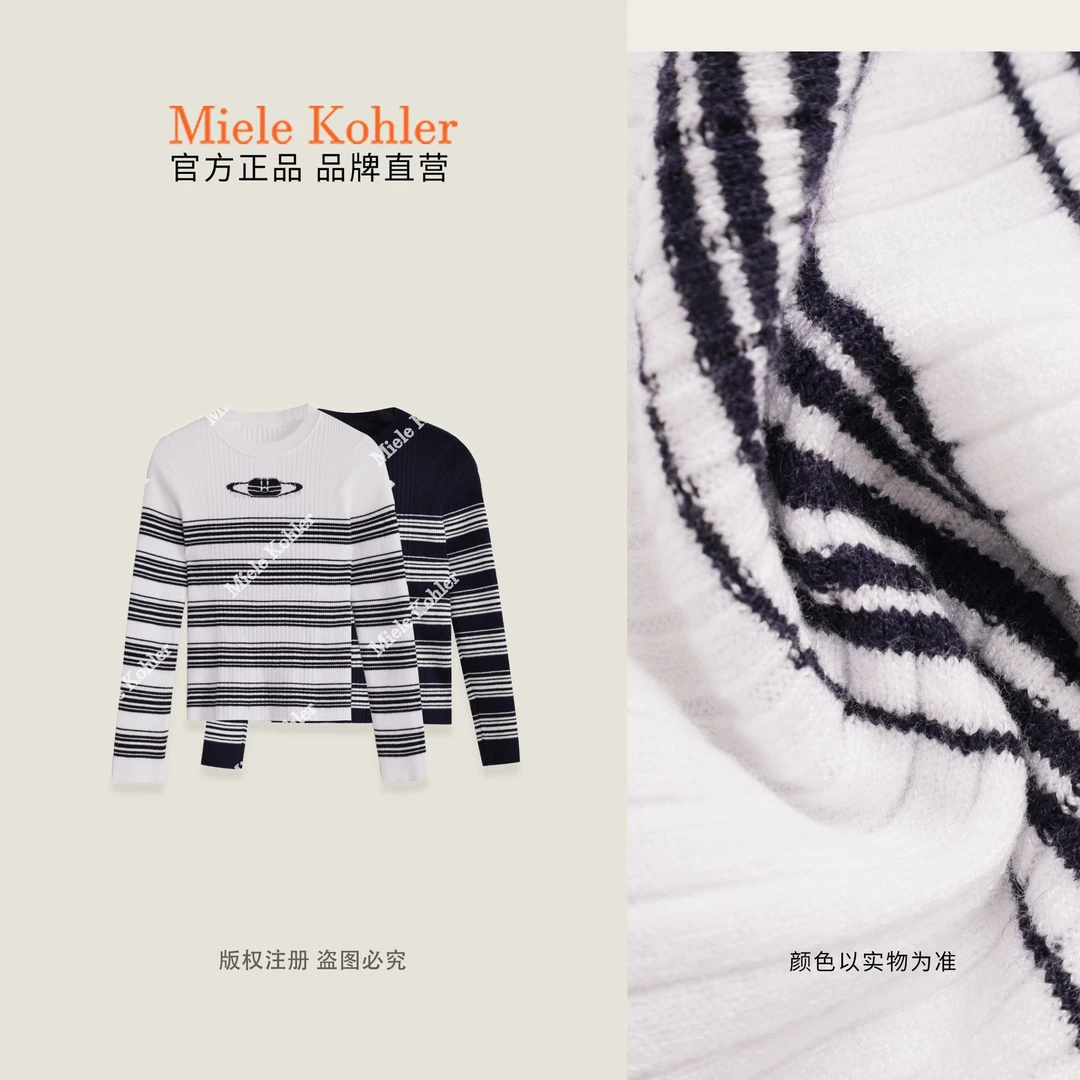 秋季新款撞色拼接条纹圆领女毛针织衫MKAQ27A66【澳门小源同款】
