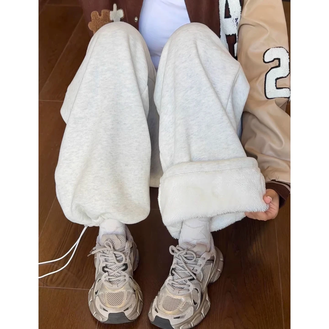 美式灰色运动裤女秋冬2025新款高腰显瘦阔腿裤小个子束脚两穿卫裤