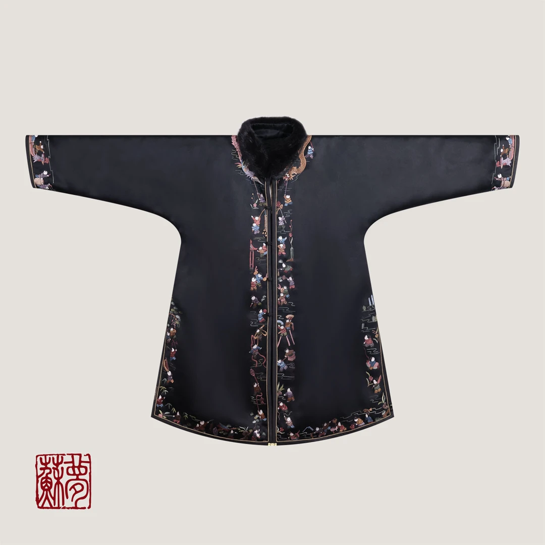 蘇夢【百子图】极夜手绣毛领立领对襟夹棉半大褂0105267