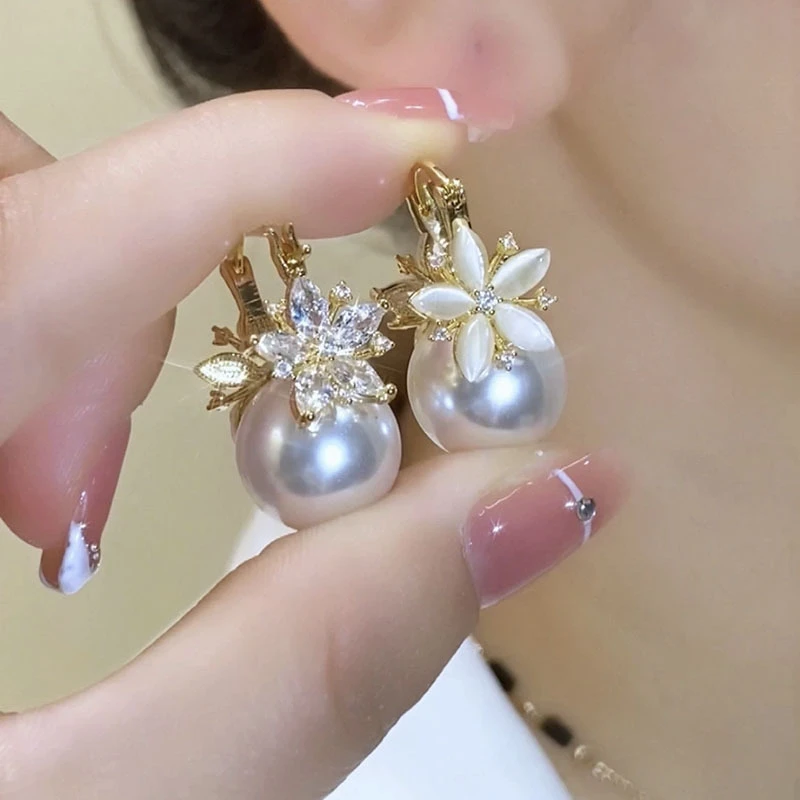 铜合金耳饰 铜镀18k真金施家珍珠耳环轻奢双面戴耳饰超仙气饰品