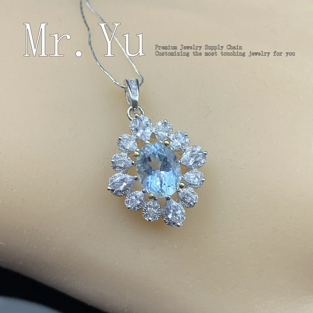 圣玛利亚色天然海蓝宝吊坠气质蓝色时尚轻奢百搭设计师满钻hl03