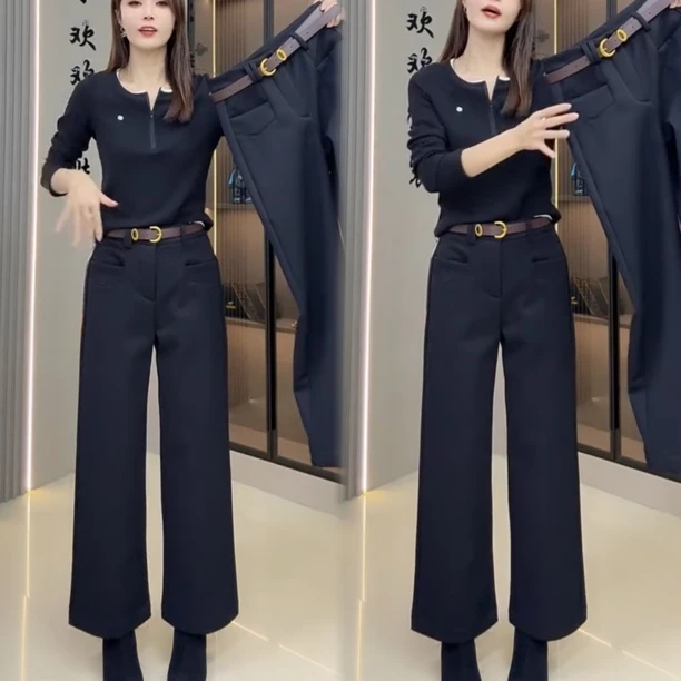 欧货秋冬新款加绒直筒裤女百搭显瘦高腰休闲小黑裤西裤阔腿裤九分