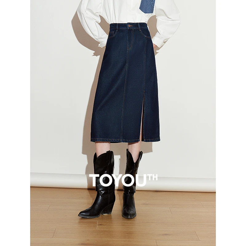 初语醋酸泡芙牛仔裙女2025春季新款复古原色侧开开叉中裙百搭裙子