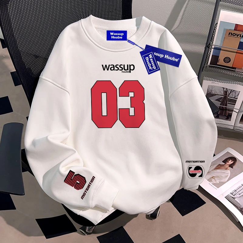 WASSUP HSUBE美式复古数字印花宽松圆领卫衣百搭潮牌高街情侣上衣