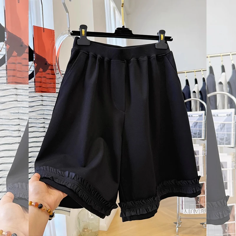 夏季宽松黑色空气层短裤女设计感花边卫裤大码显瘦百搭时尚韩版潮