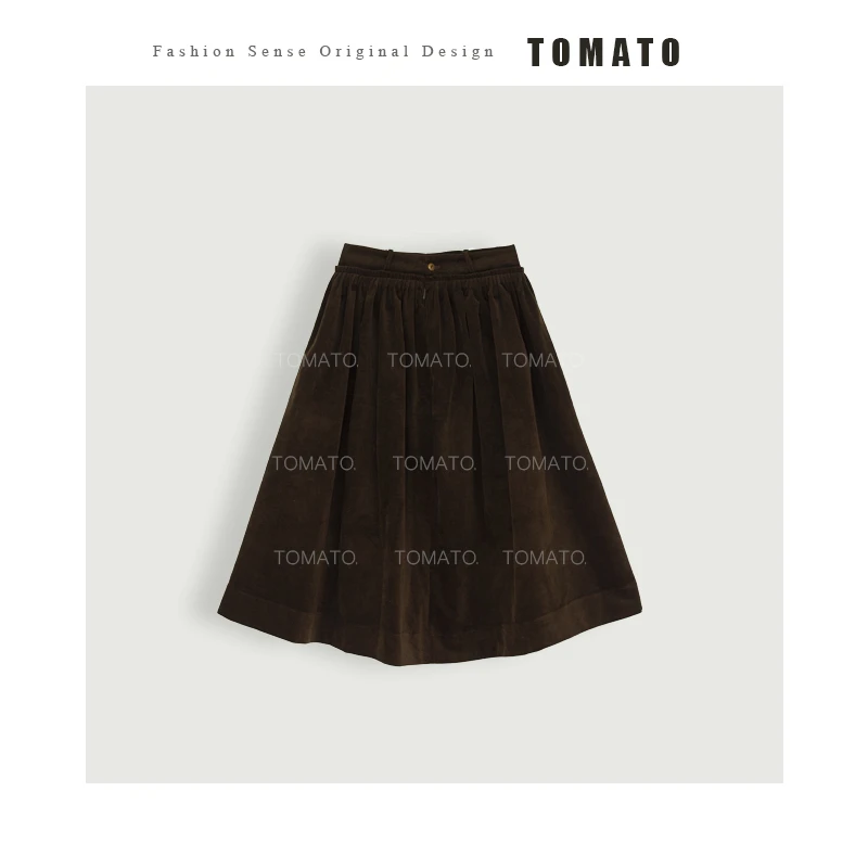 【TomoTo】可可松茶 新款复古俏皮手工捏褶灯芯绒蓬蓬半身裙D24Q122