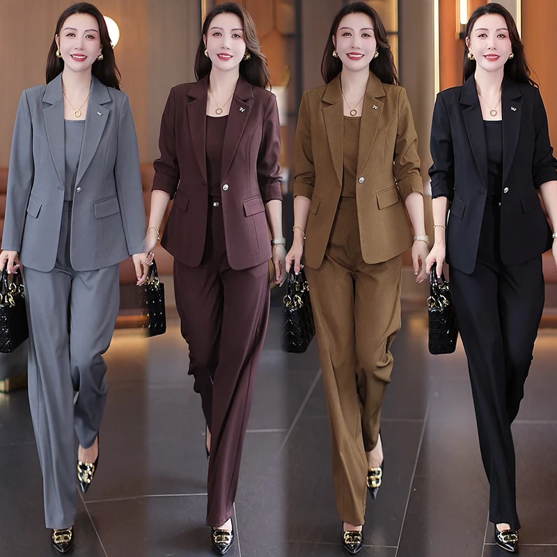 职业时尚西装套装女秋季新款气质显瘦西服外套吊带阔腿裤三件套潮