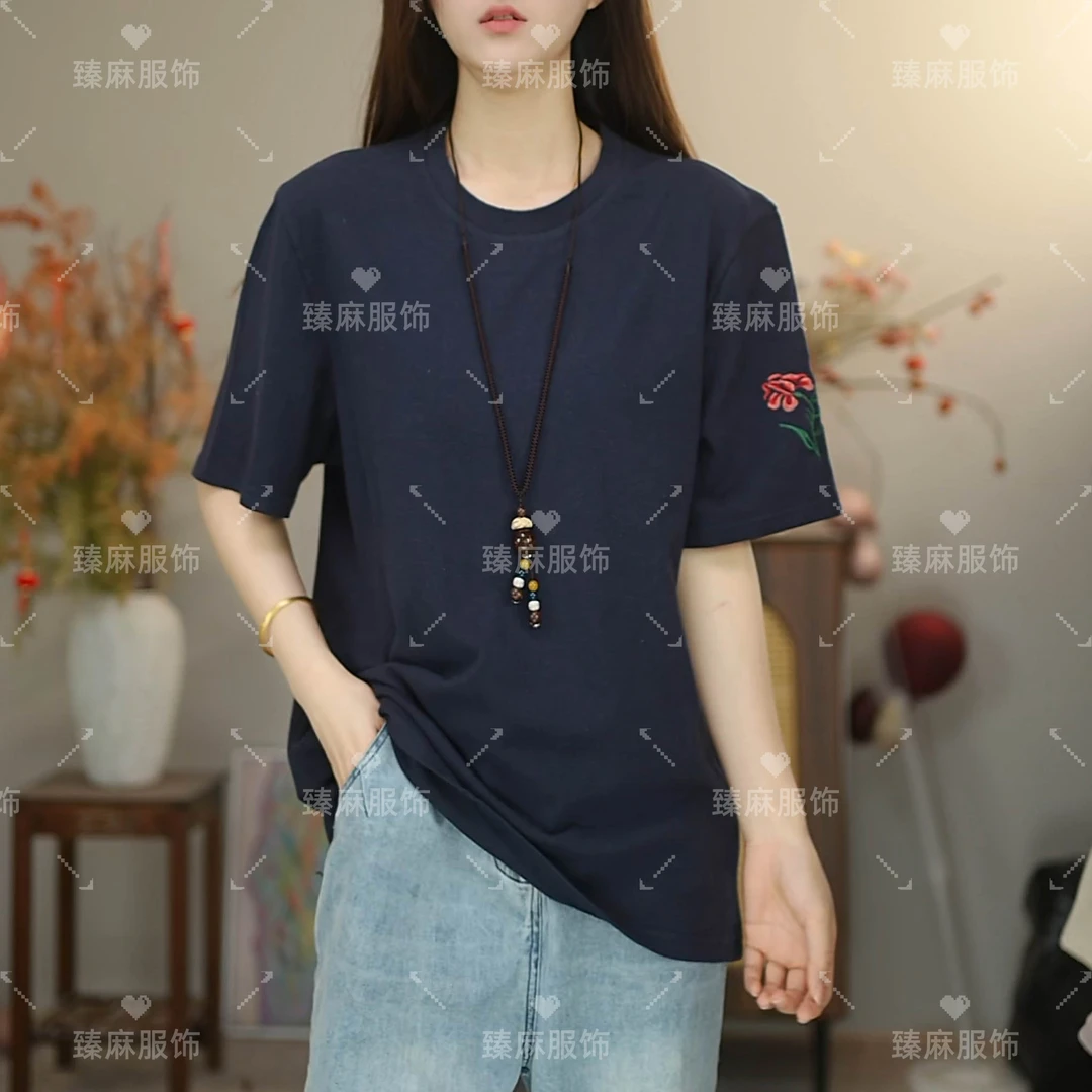 【9083】植物花卉耐磨春夏刺绣重工休闲T恤女士文艺风短袖复古-清仓