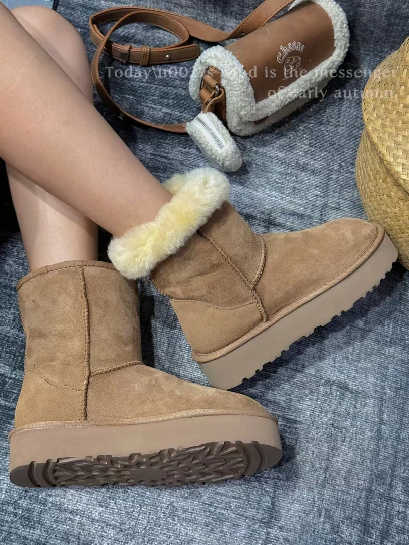 河南桑坡厚底5825中筒真皮真毛皮毛一体雪地靴时尚洋气保暖百搭