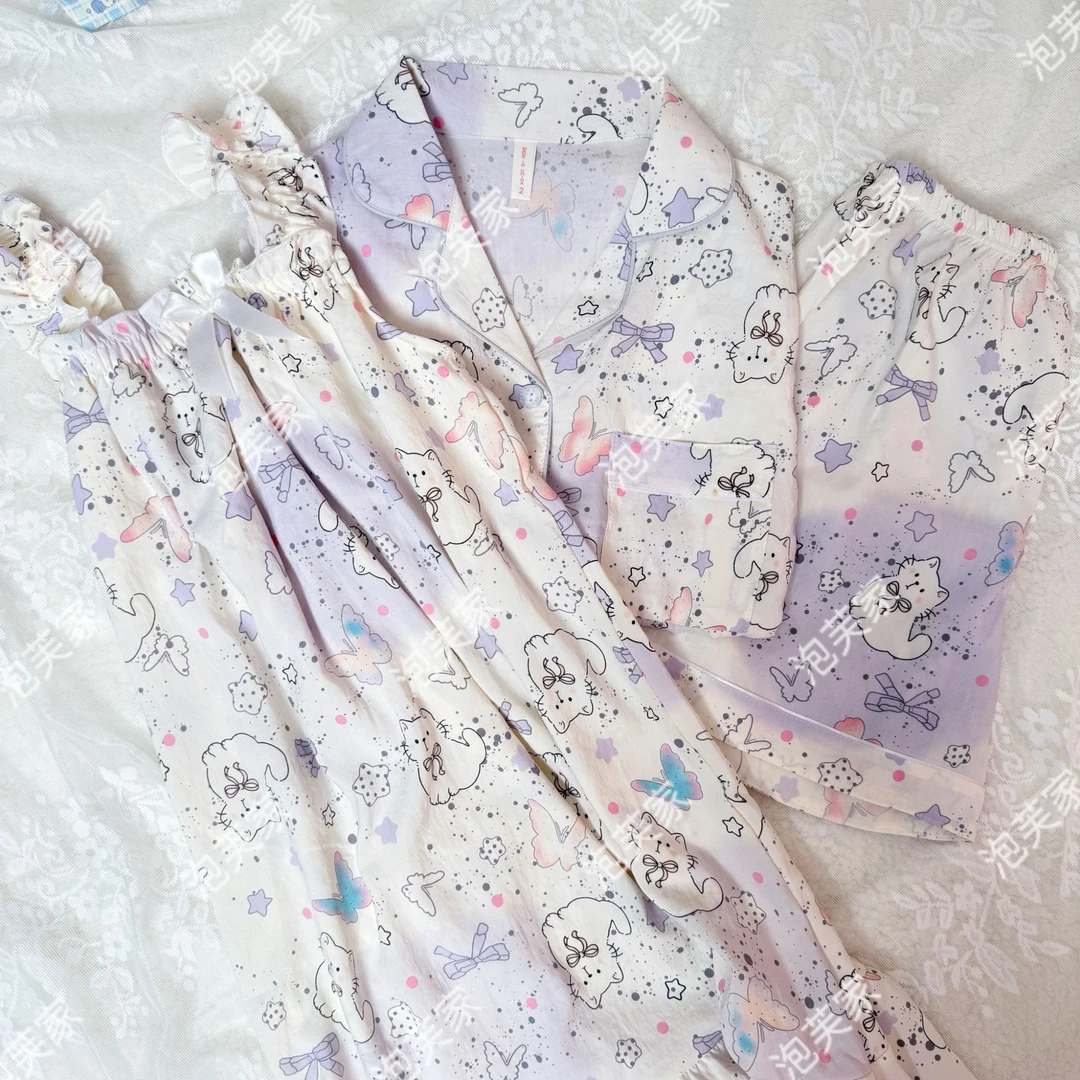 套装送睡裙夏季睡衣女短袖短裤加裙子卡通云朵棉少女家居服加长裤