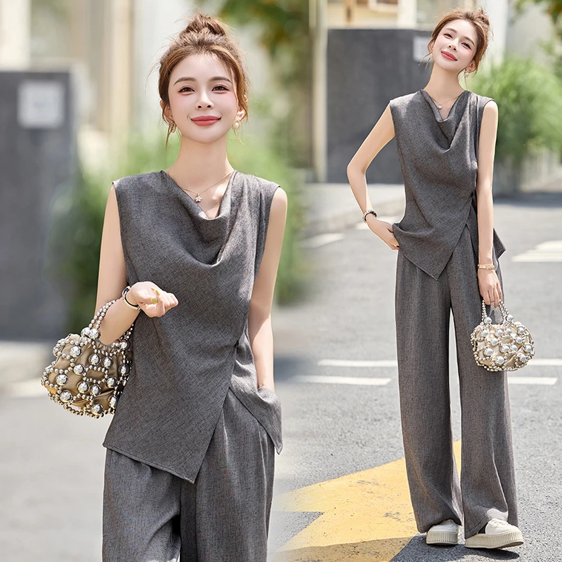 2025夏季新款时尚套装女洋气小个子圆领无袖上衣配阔腿裤两件套潮