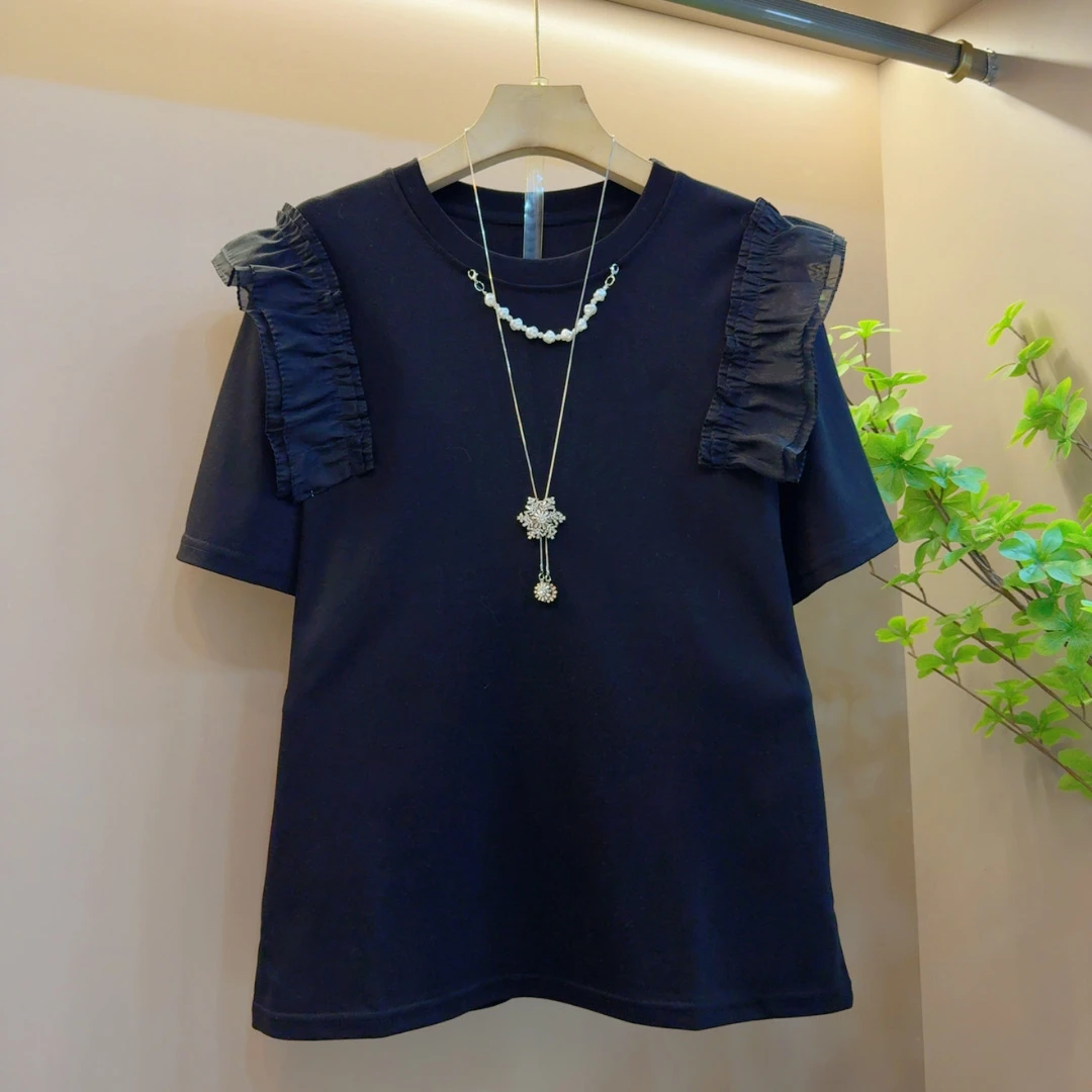 2025年夏季气质时尚圆领洋气宽松百搭设计感上衣（长63左右）