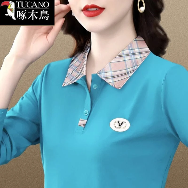 啄木鸟新款春秋长袖显瘦t恤女士2025年洋气打底衫POLO领撞色上衣