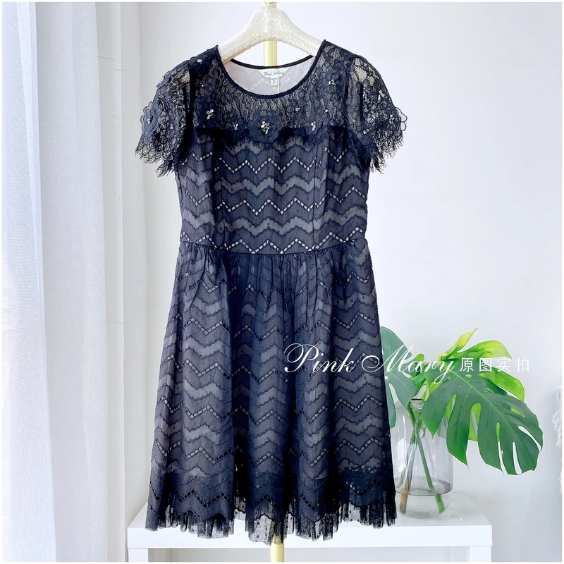 PinkMary粉红玛琍黑色圆领短袖连衣裙蕾丝子女经典PMAFS501588