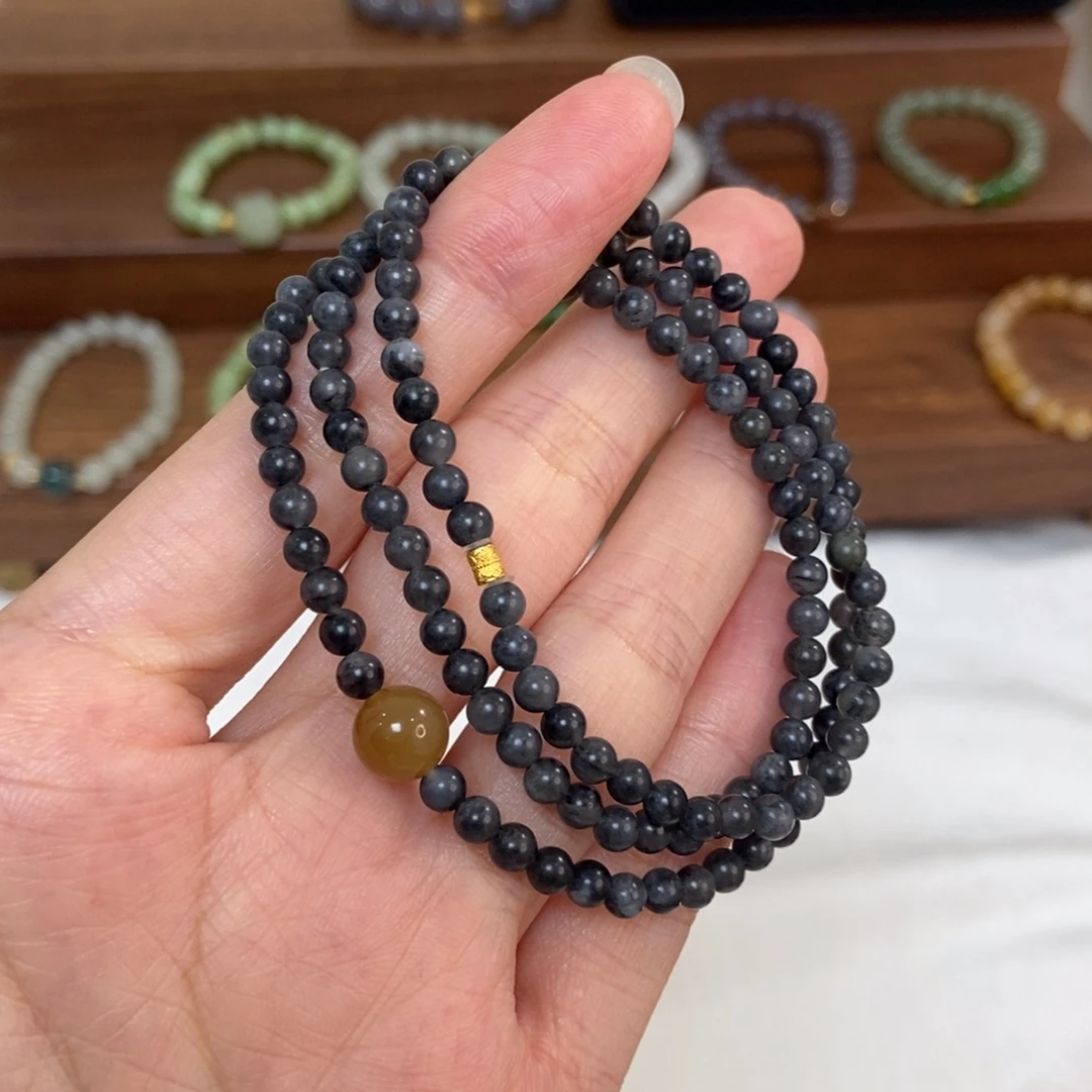 和田玉18K金镶嵌手链4mm墨玉三圈