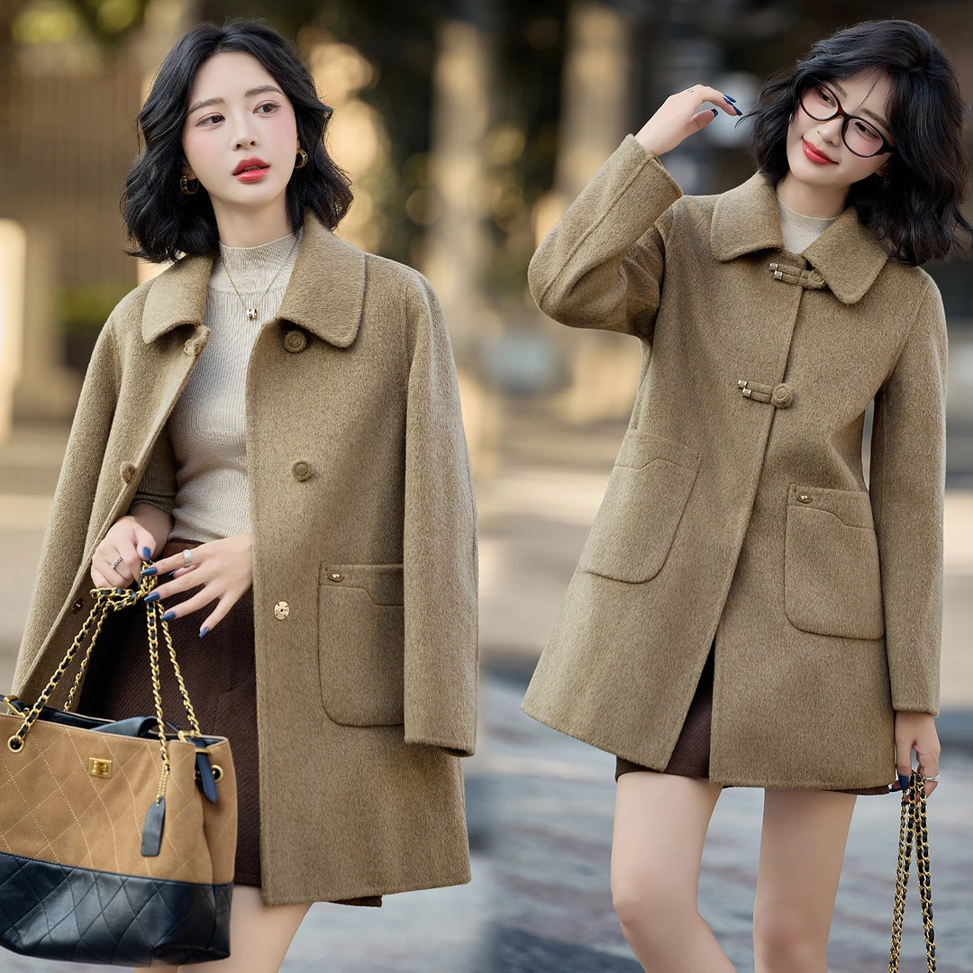 2025秋冬新款双面呢子大衣女中长款韩版新中式时尚羊毛呢宽松外套