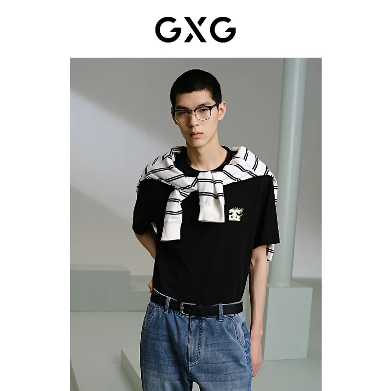 GXG男装 黑色前胸绣花短袖T恤百搭休闲2024年夏季新品#G24X442053