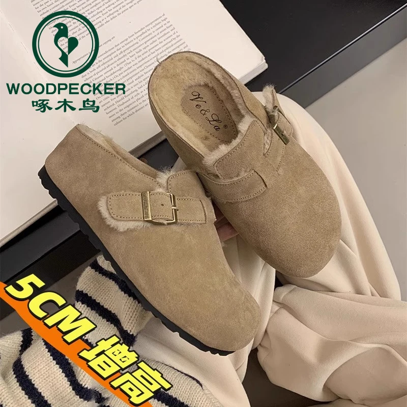 啄木鸟小个子内增高勃肯鞋女加绒保暖棉鞋秋冬新款复古厚底半拖鞋