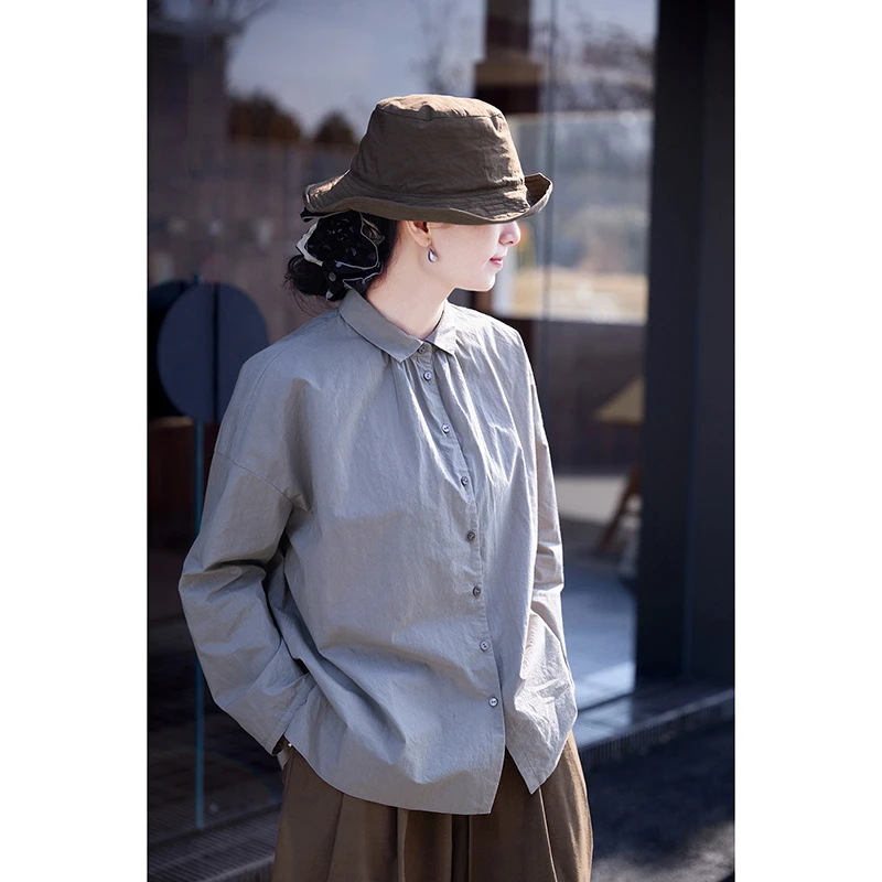 春夏新款青灰色纯棉文艺复古衬衣宽松显瘦休闲简约百搭小衬衫