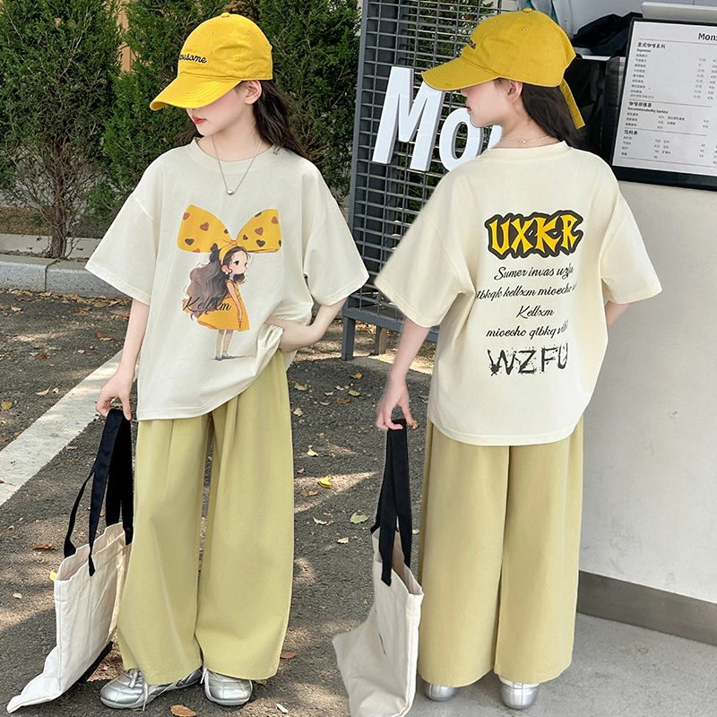 女童夏装短袖T恤套装2025新款爆款小女孩韩版时尚印花阔腿裤套装t