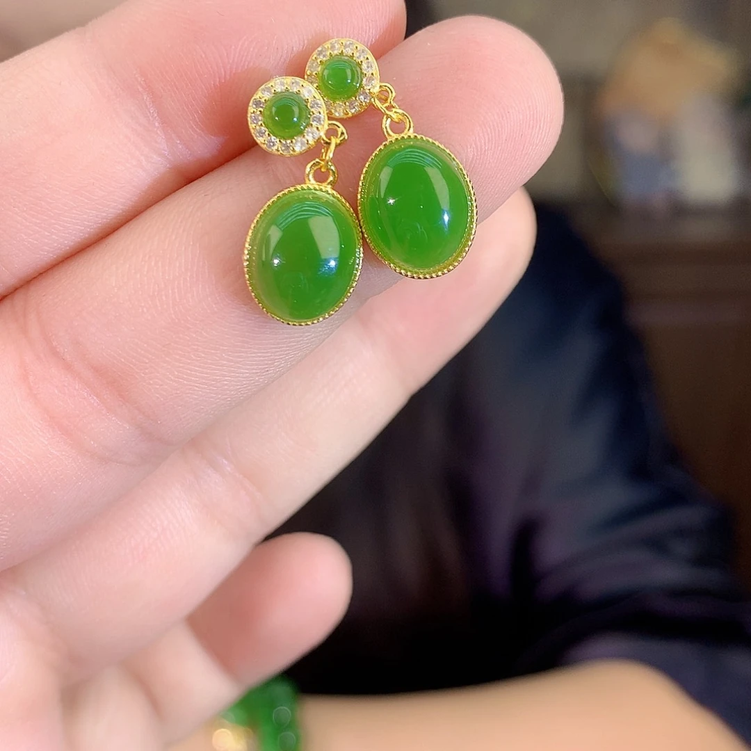 吊坠(不含链)银S925镶嵌和田玉（碧玉）耳饰