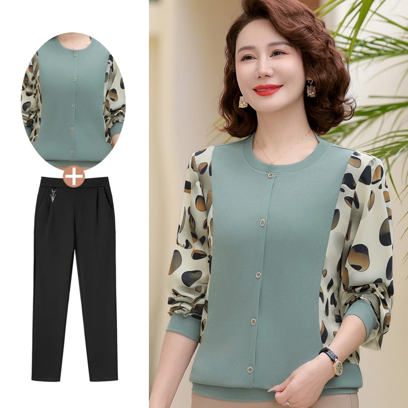 妈妈春装针织小衫洋气薄款t恤中老年女装春秋长袖打底衫舒适上衣