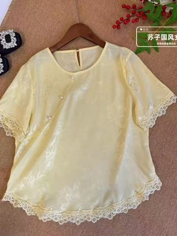 新中式短袖夏季新款缎面提花休闲百搭宽松显瘦蕾丝短袖T恤时尚