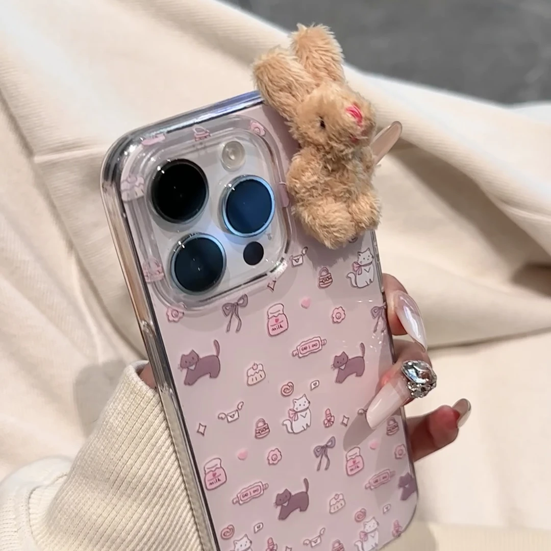可爱立体毛绒小兔适用iPhone16手机壳苹果13/15华为vivo小米oppo