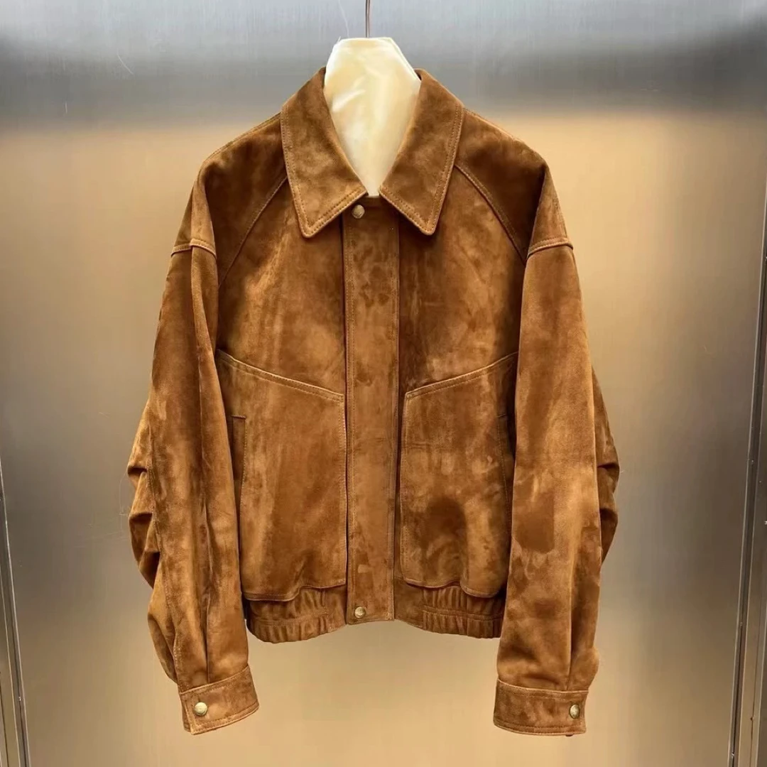 宋佳同款绒面山羊皮真皮皮衣女2025新款复古工装宽松休闲夹克外套