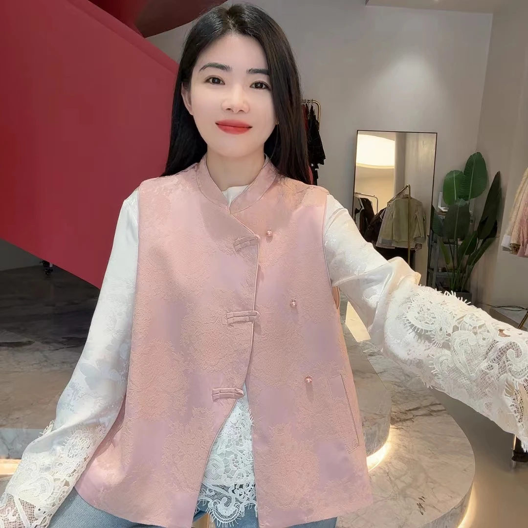 252551 新中式提花盘扣斜襟国风马甲高级时尚坎肩上衣