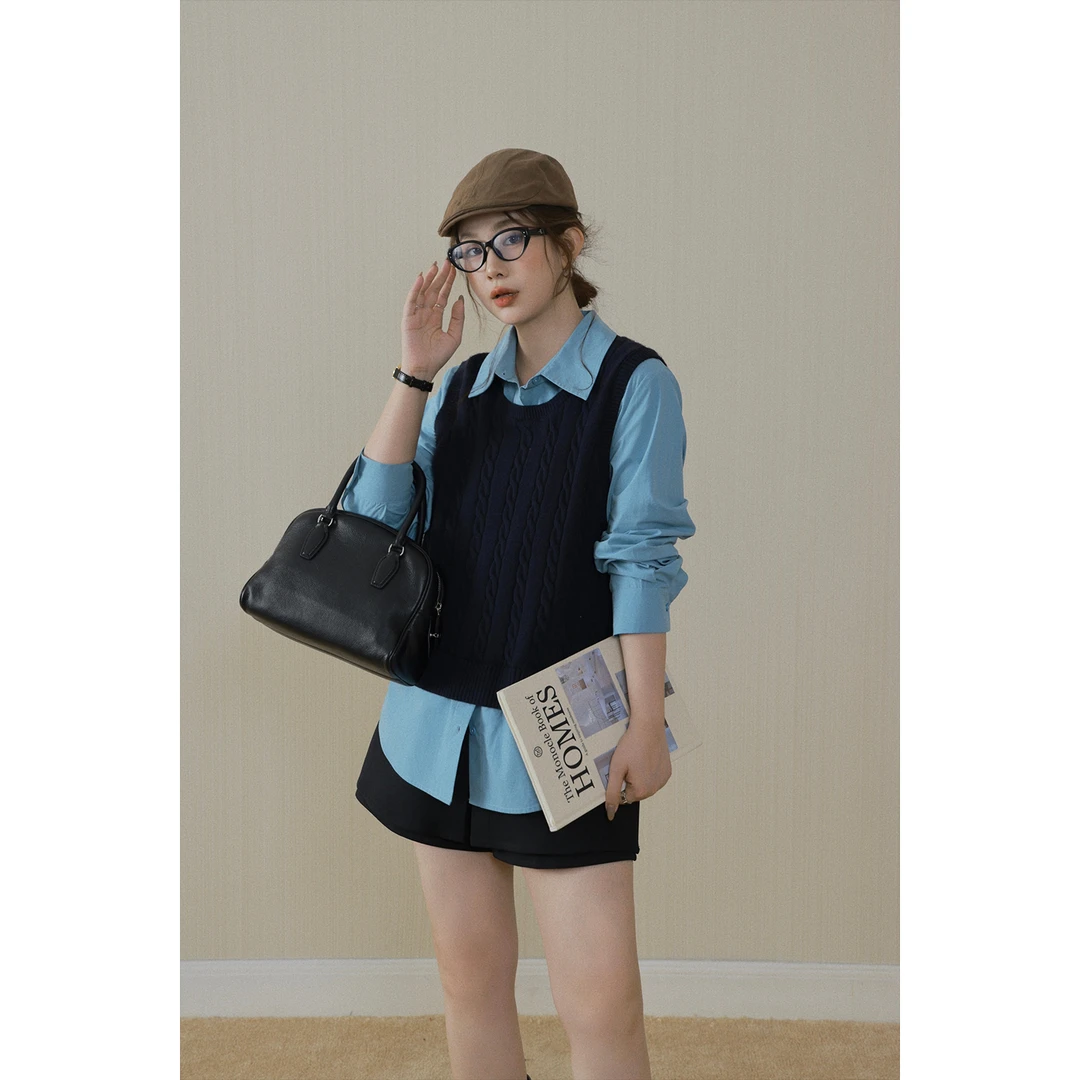 现货大婉酱微胖定制【莱茵蓝调】假两件针织背心衬衫百搭上衣 2624D