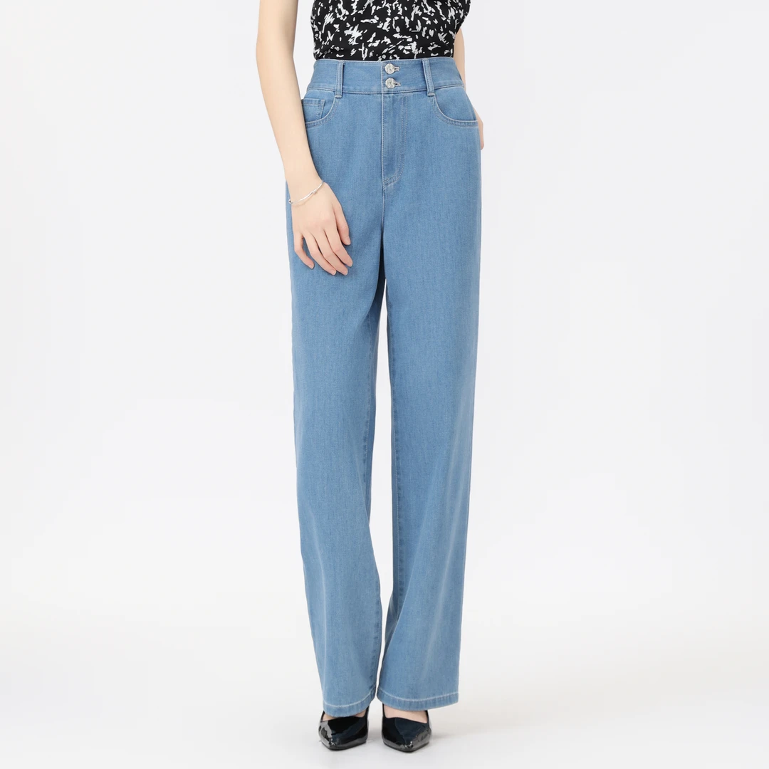 GIRDEAR/哥弟时尚显瘦直筒两粒扣九分高腰休闲宽松牛仔裤1100457