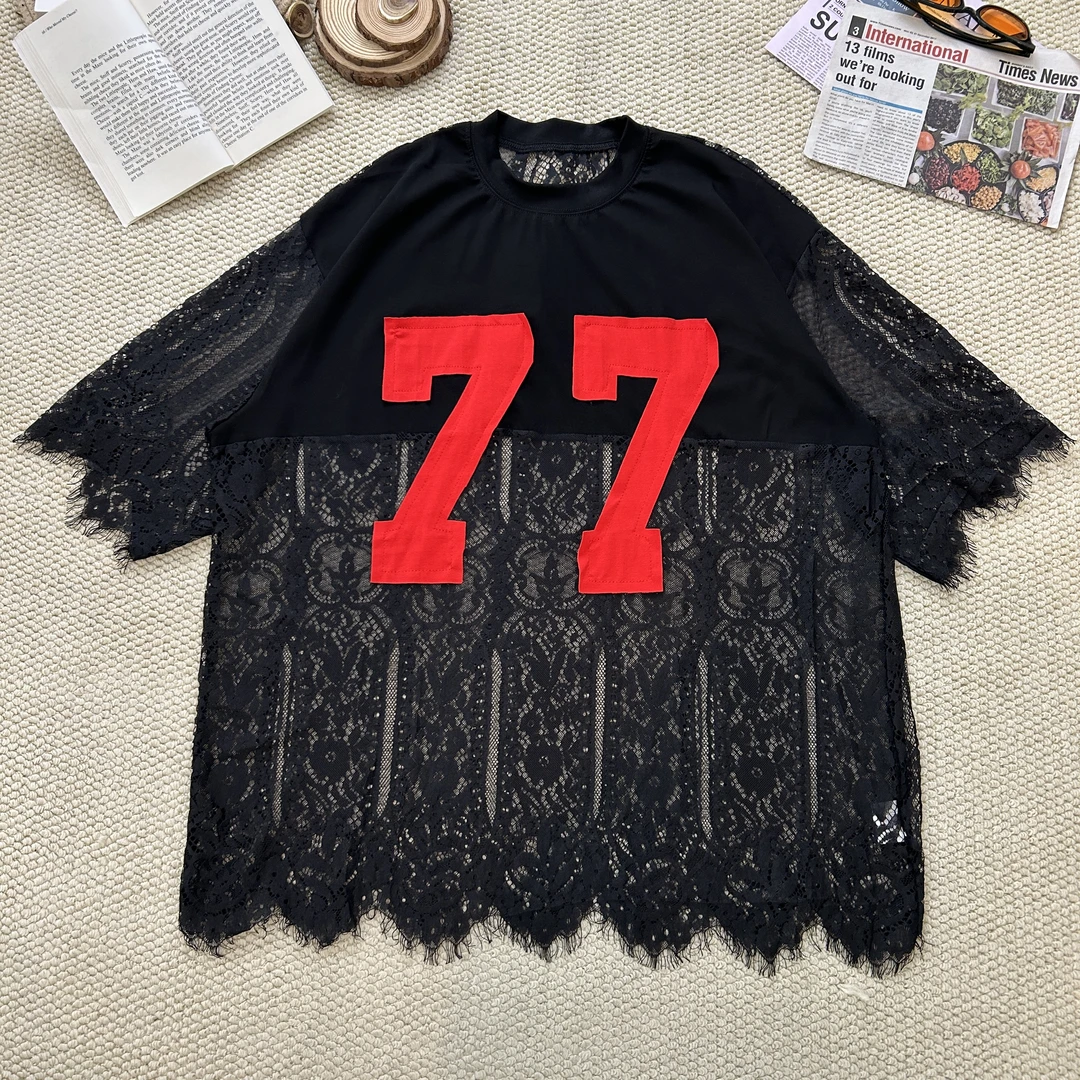 2025夏季新款宽松百搭时尚字母印花拼蕾丝短袖T恤1757