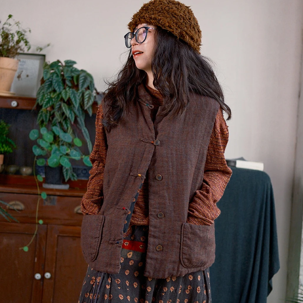 云雾里 6291#羊毛亚麻面料 复古休闲保暖双面穿夹棉马甲背心秋冬