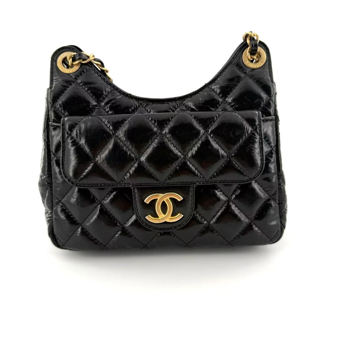 99新 Chanel/香奈儿 23C黑金油蜡皮天猫精灵单肩包 C1840
