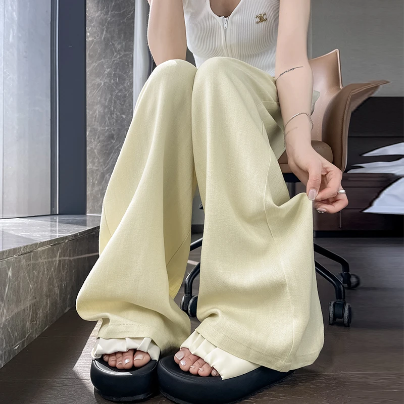 黄色天丝亚麻棉麻阔腿裤女2025年夏季薄款宽松显瘦垂顺感直筒长裤