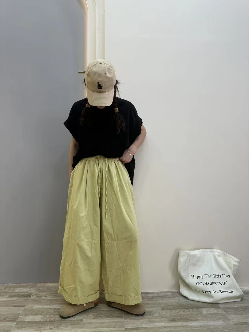 大版简约宽松复古10038抽绳休闲裤阔腿裤高腰时尚百搭纯色松紧腰