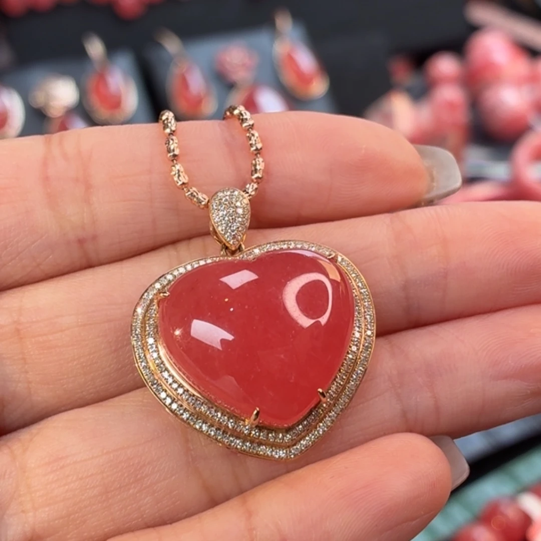 菱锰矿（红纹石）18K金镶嵌吊坠(不含链)