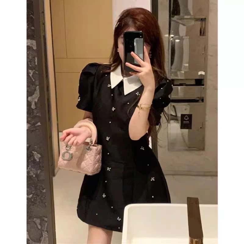 气质显瘦收腰连衣裙夏季新款钉珠时尚翻领泡泡短袖小香风裙子