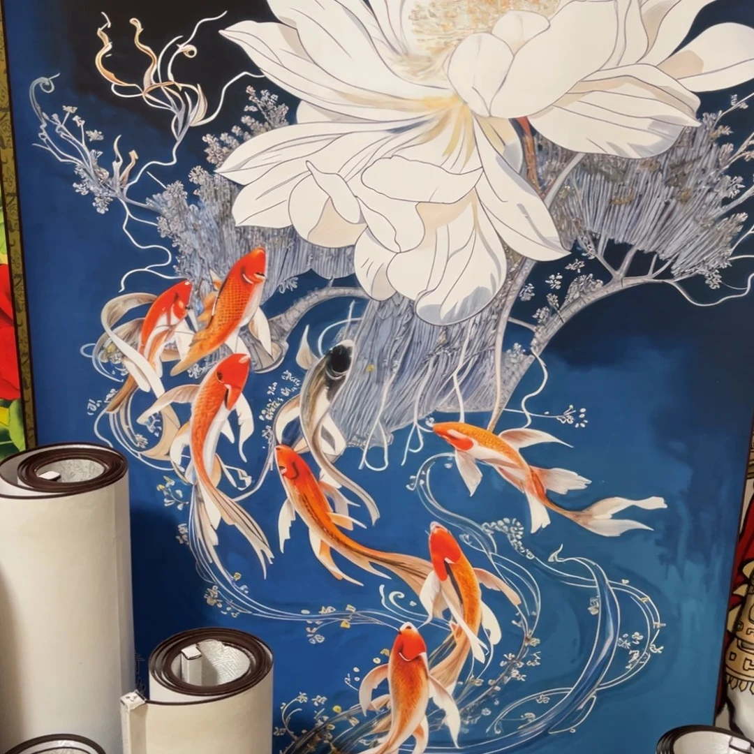 新荷花九鱼图蓝底四尺竖幅东方美学装饰画170