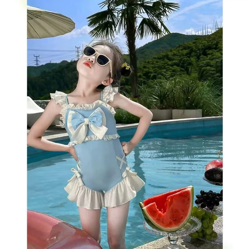 女童美少女蝴蝶结速干连体泳衣新款夏季女孩游泳衣中大童洋气泳装