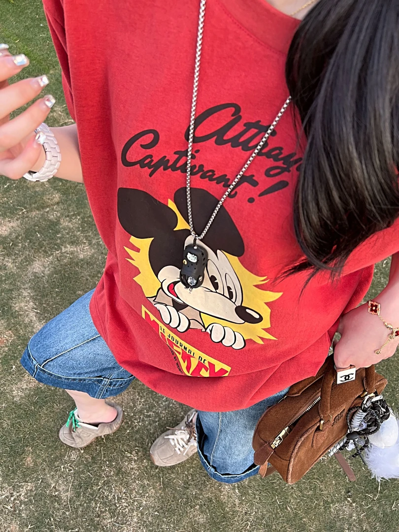 海报米奇/2025新款夏季宽松大版休闲百搭印花红色短袖