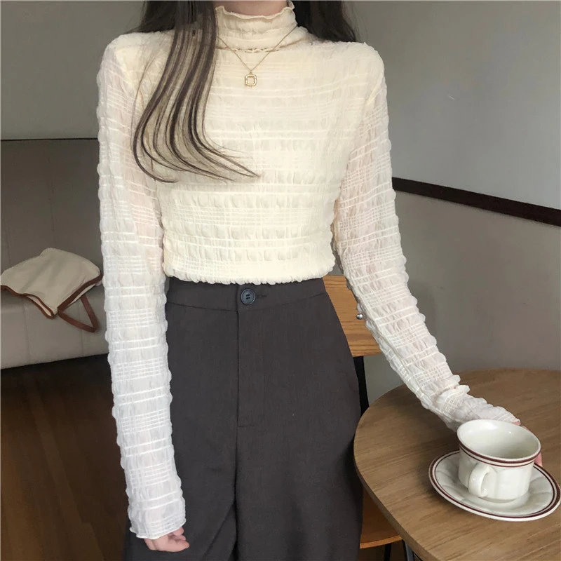 【微悦】大码女装胖mm秋冬季半高领蕾丝打底衫秋内搭外穿上衣