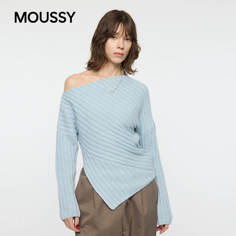 moussy 2026早春新品优雅约会风斜纹露肩毛针织衫女010IA370-6301