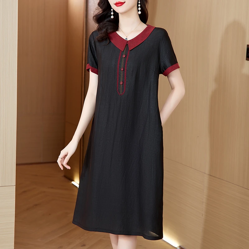 法式复古短袖连衣裙女夏季2025新款贵夫人中年妈妈宽松遮肚直筒裙