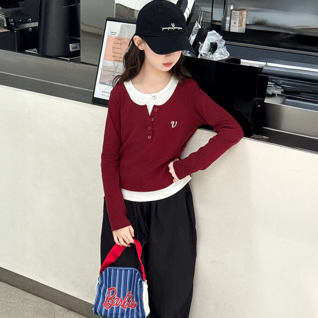 女童秋装2025新款女孩春秋洋气假两件上衣t恤儿童网红长袖打底衫