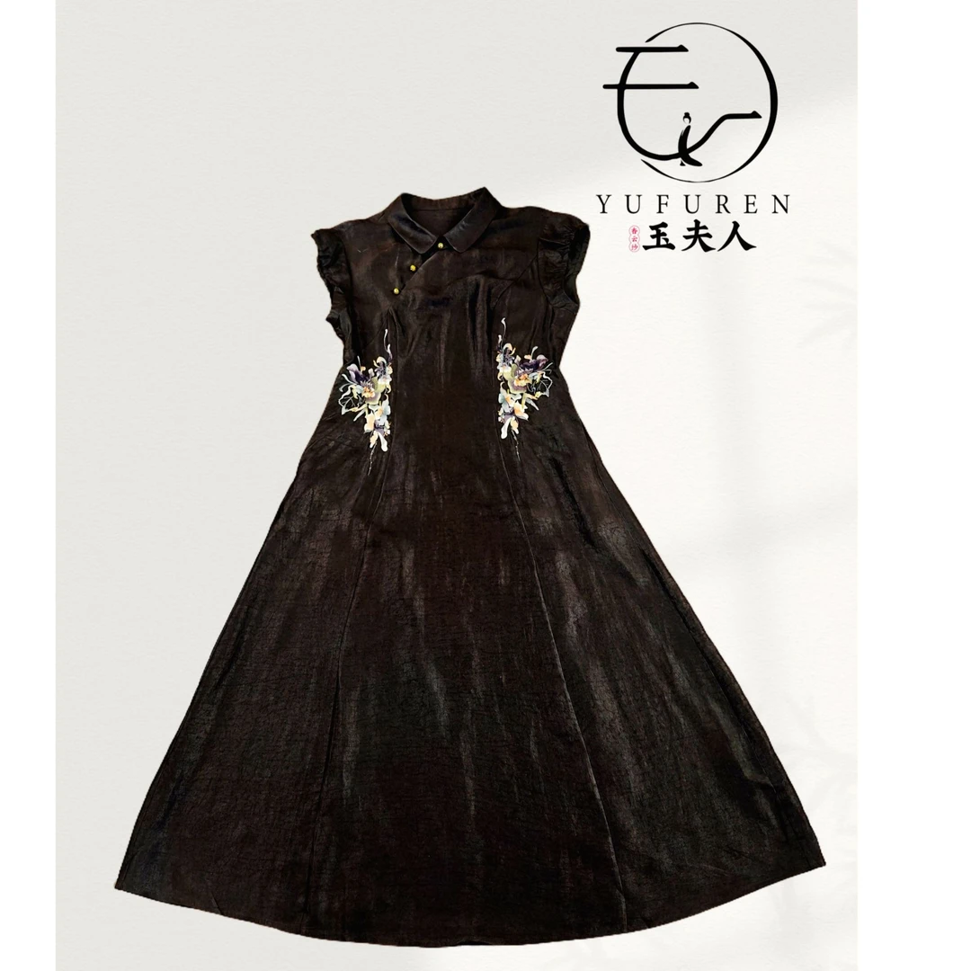 【玉夫人】2025春季新款龟裂纹电力纺收腰连衣裙国风桑蚕丝复古非遗