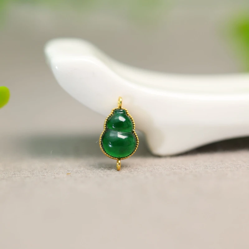 #I889 18K金镶嵌冰种满绿天然A货翡翠葫芦双边圈坠角  DIY配件