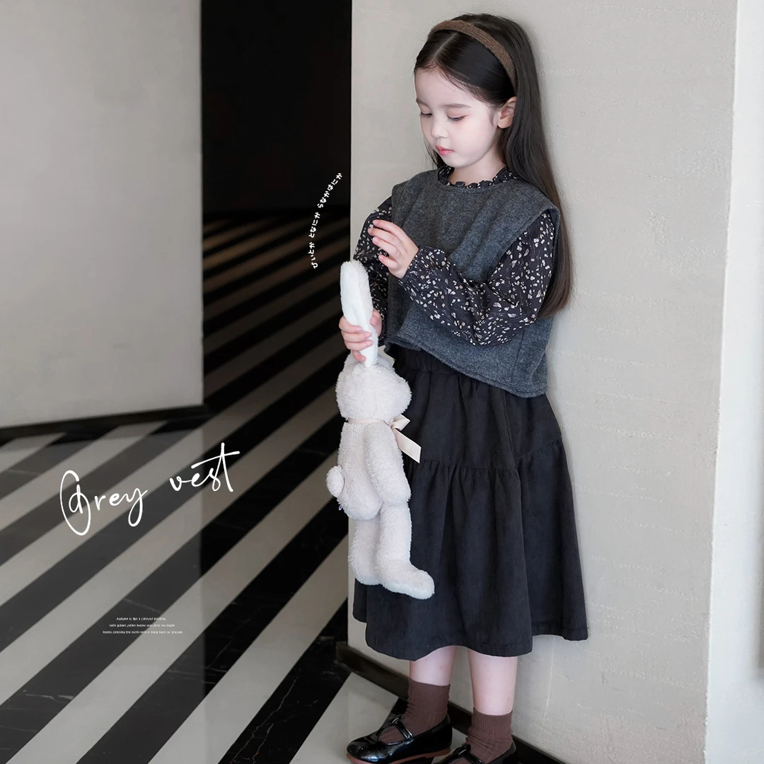 AnnieGirl秋季新款女童韩版森系小众法式碎花背心半裙2025秋套装