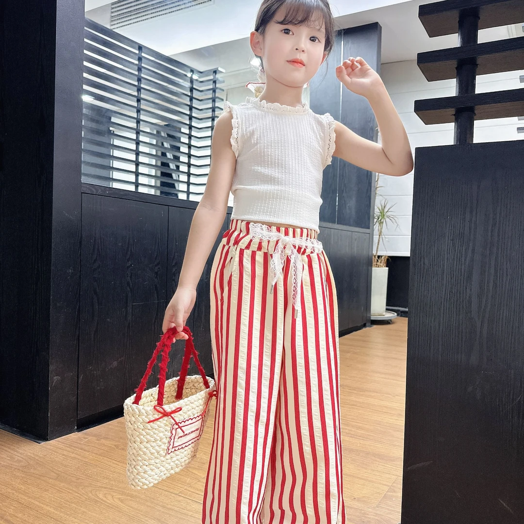 女童裤子2025新款韩系儿童条纹蕾丝腰边宽松阔腿裤女孩夏季直筒裤
